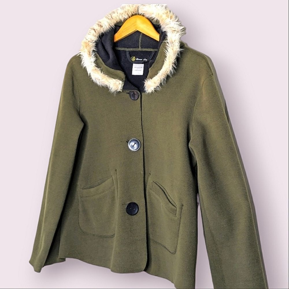 Boutique Reversible Olive Green Black Cropped Fleece Button Down Jacket S M L